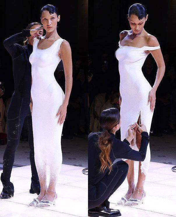 超模贝拉·哈迪德赤身登T台，被当众“喷出”奶白连衣裙，引发热议
